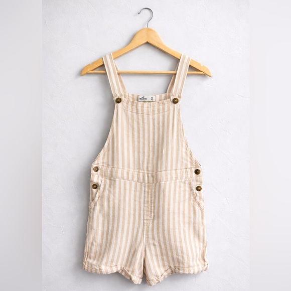 Hollister Denim - Hollister California Tan White Striped Linen Blend Shortalls Overalls Size M